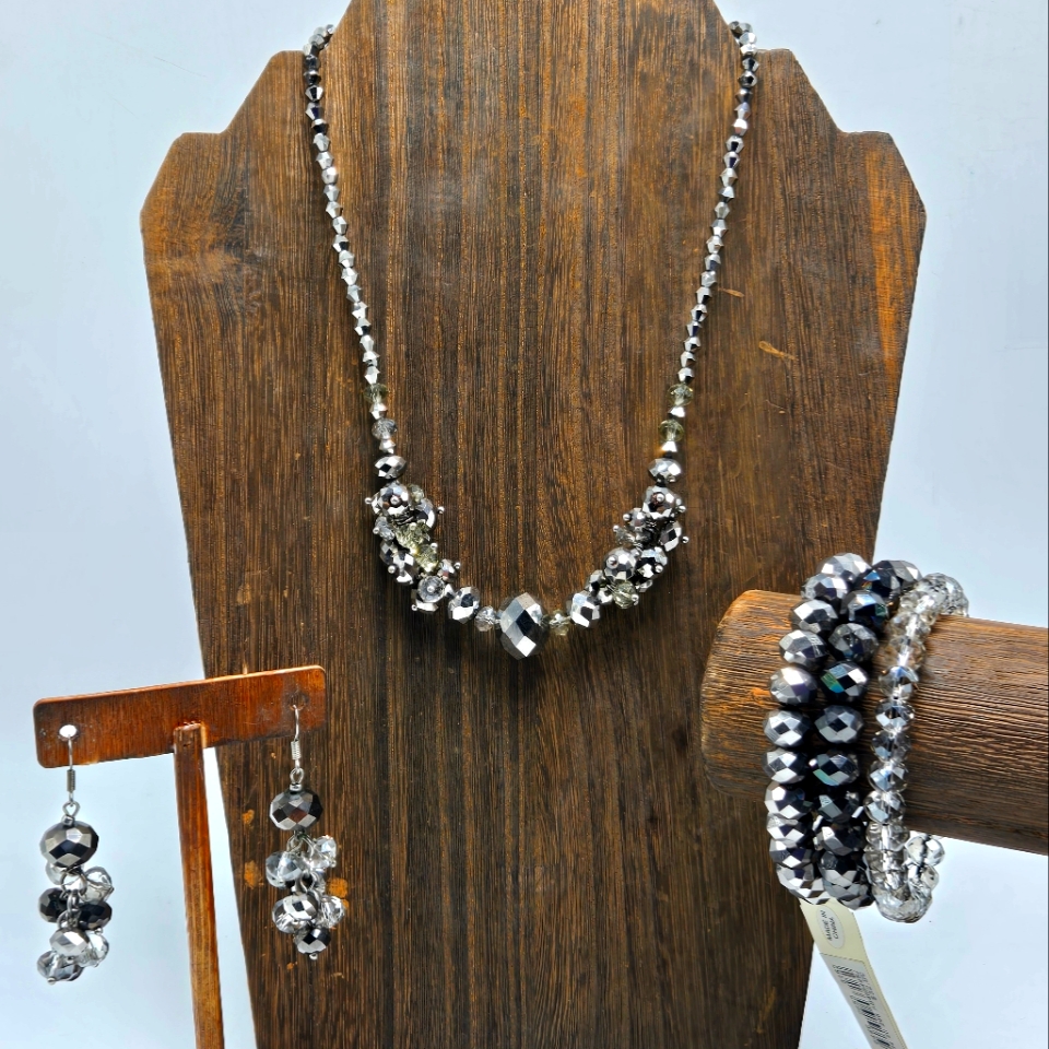 You And I Necklace Earrings Bracelet Jewelry Set Silver Tone Demi Parure Estate